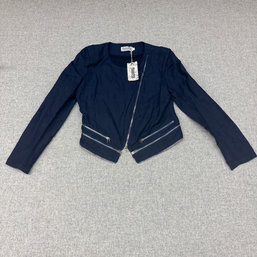 Monoreno | Moto Jacket | L | Navy Blue | Asymmetrical Zip Lace Trim New With Tag